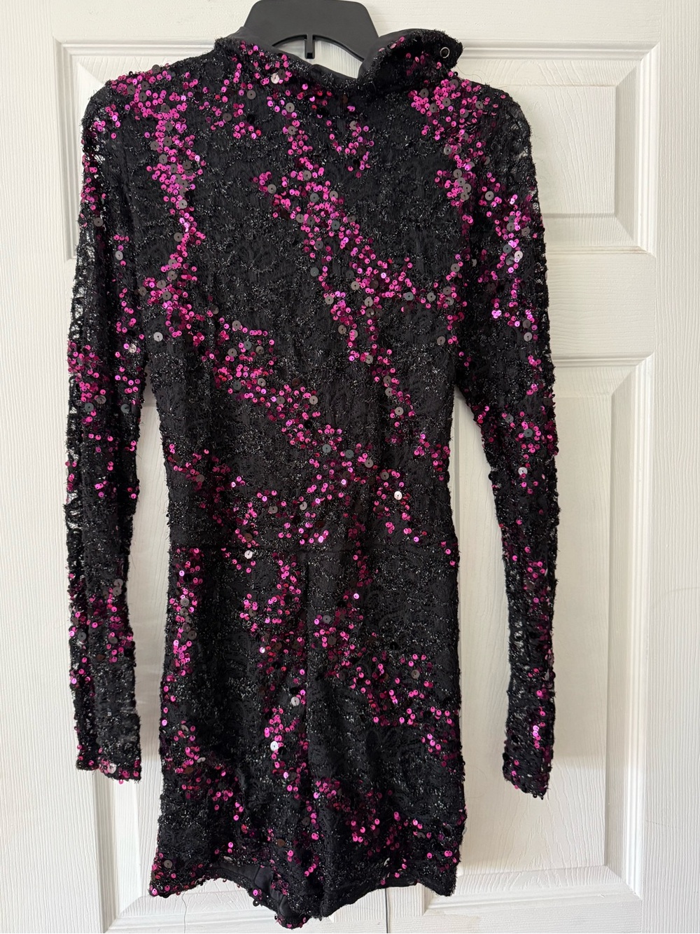 Black Long-Sleeve Sequin Dance costume with Fuchsia Accents